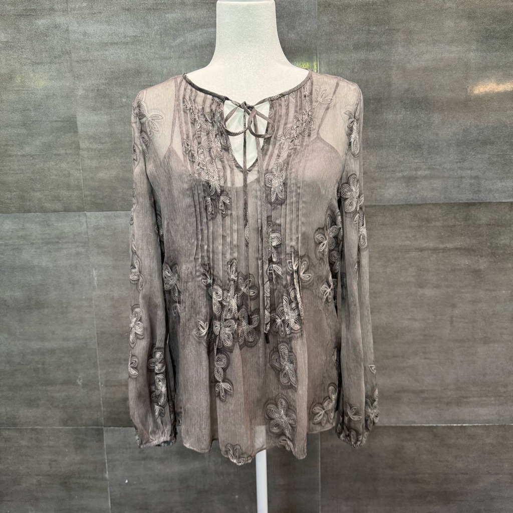 Elie Tahari Grey Chiffon Hallie Blouse With Floral Embroidery, Size S.